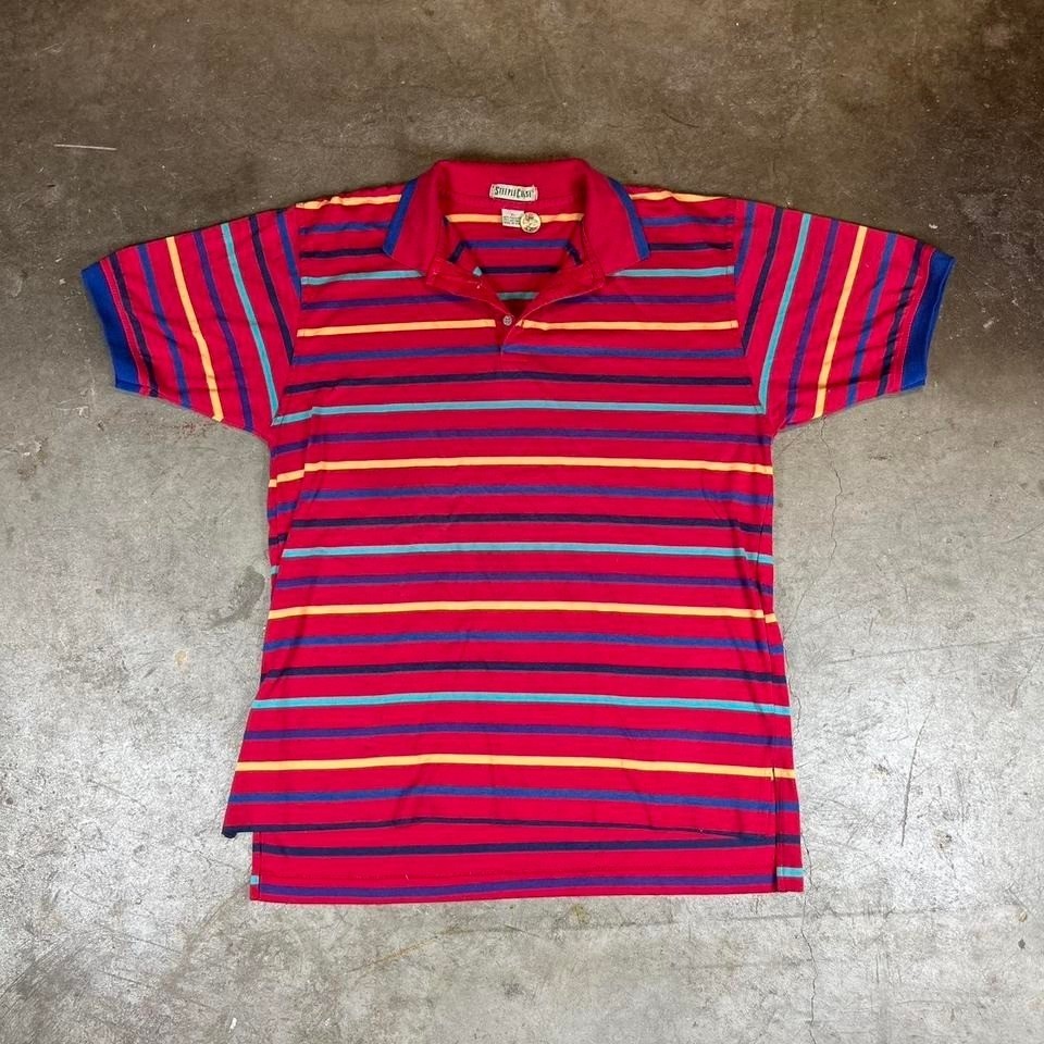 Vintage 90s Steeplechase Mens XL Striped Polo Shirt Red Blue Yellow Short Sleeve