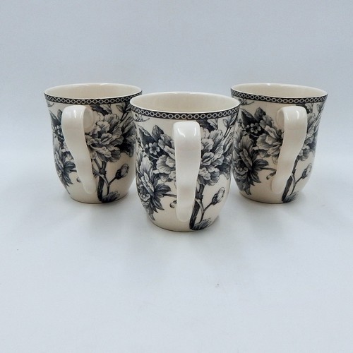 222 Fifth Adelaide Gray Porcelain Coffee Mug Cup 12 Oz S/3 Toile Floral Birds - Picture 4 of 8