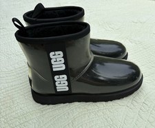 UGG Women’s Black Gloss Waterproof Short Boot with faux fur interior size 6