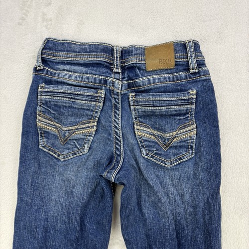 BKE Jeans Girls 8 Blue Denim Conner Bootcut Faded Whisker Buckle Distressed Zip - Picture 5 of 14