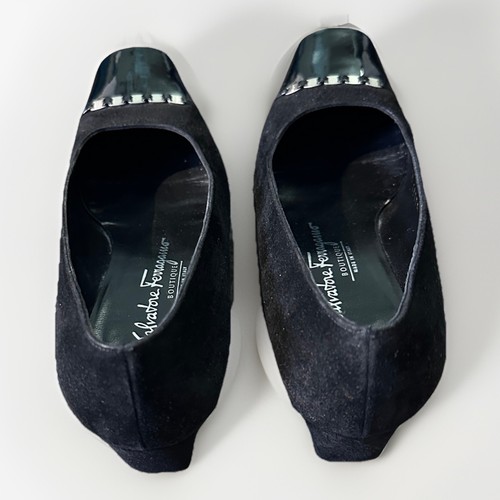 SALVATORE FERRAGAMO Vara Square Toe Pumps 5B Black Velvet Patent Heels Italy - Picture 12 of 14