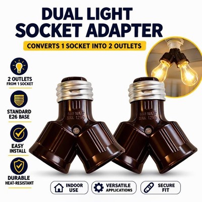 2 Pack Dual Light Socket Adapter Splitter E26 Standard Base 2 Outlet Lamp