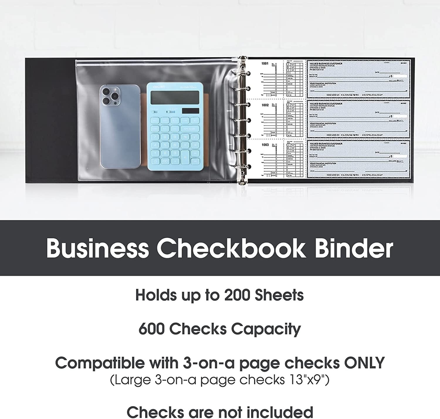 7 Ring Check Binder, 3OnAPage Business Checkbook Holder, 500 Checks