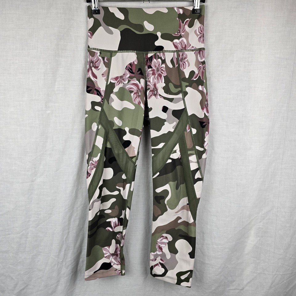 Rockwear Leggings Size 8 Green Floral Army Print Leggings Logo Mesh Cutouts READ