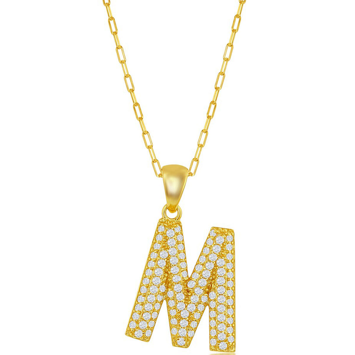 Классическое женское колье золотистого цвета с инициалом M инкрустированным CZ на цепочке из скрепок M-6709 8090₽