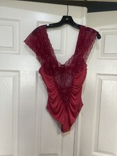 NEW Free People bodysuit Speed Date open back sheer floral lace cherry red Sz XS