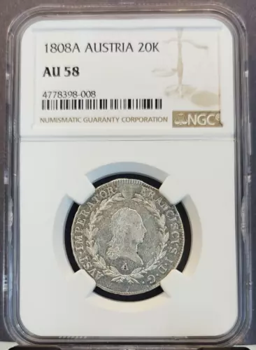 1808 A AUSTRIA SILVER 20 KREUZER 20K FERDINAND I NGC AU 58 HIGH GRADE BEAUTIFUL