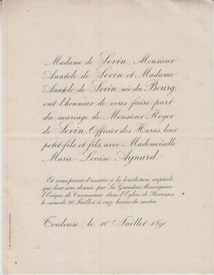 1890 Heiratsurkunde Roger de SEVIN Marie-Louise AYNARD Brousses-et-Villaret