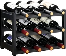 Bamboo Wine Rack, Sturdy and Durable Storage Cabinet 3 Tiers, Black 
