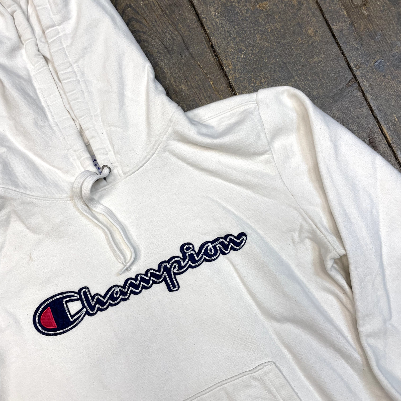 Champion Hoodie Y2K Pull Over Spellout Sweatshirt, White, Mens Small image 4