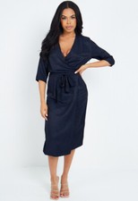 Image of Womens Navy Belted V Neck Short Sleeves Wrap Midi Dress