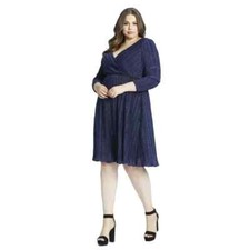Mac Duggal Shimmering Long Sleeved Faux Wray Cocktail Dress Blue 22W 49228 NWT