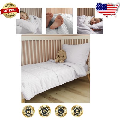 Neutral Toddler Bedding Set: Comforter, Sheets, & Pillowcase - White Stripe