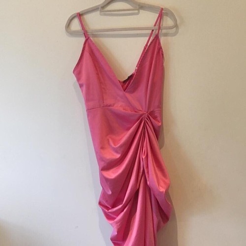 Ruched Ruffled Silky Bright Colourful Neon Pink Dress - Tag Size 10 - Picture 8 of 8