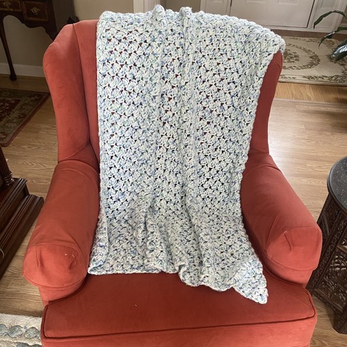 Blue/White (with Specks of Green) Hand Crocheted Afghan Throw Lap Blanket - Picture 5 of 5
