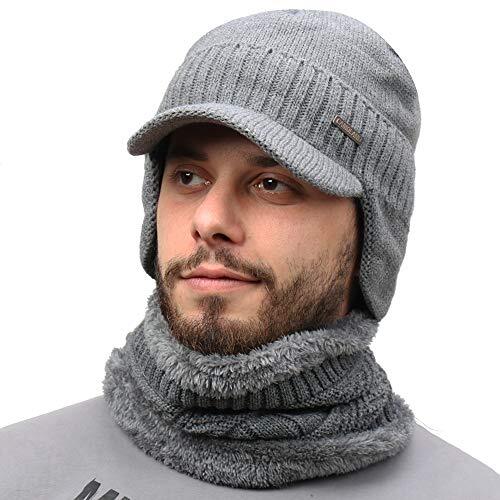 Men's Winter Beanie with Visor Earflaps & Scarf Gray Fleece Outdoor Hat