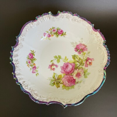 Antique Carlsbad China 10 '' Large Rose Bowl with Iridescent Border