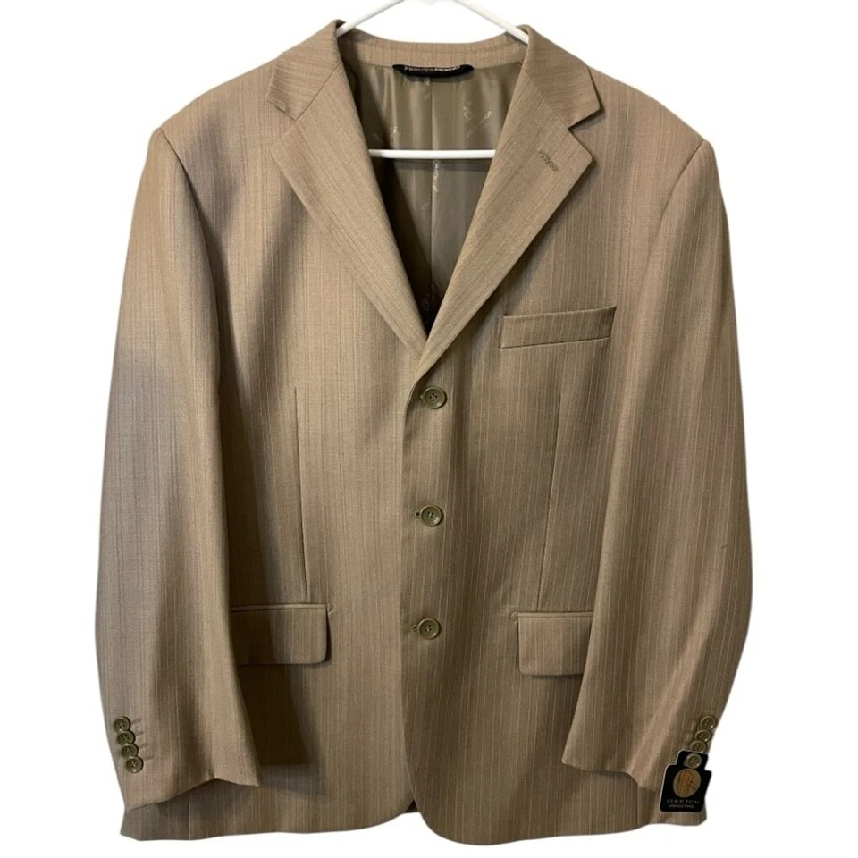 NWT Pronto Mondo Italia Super 140's Merino Wool Designer Tan Striped Suit 40S - Imagem 3 de 4