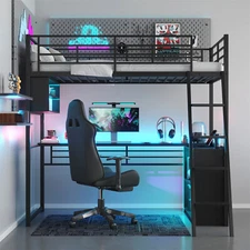 Twin Size Loft Bed Metal Bed Frame with Desk & Storage Shelves & LED Light