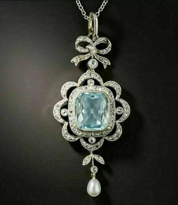 2.30Ctw Cushion Cut Lab Created Aquamarine Halo Pendant 14K White Gold Plated