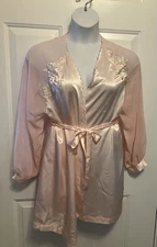 Vintage Val Mode Lingerie Satin Robe Sheer Sleeves Embroidered Pink Size Medium