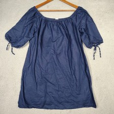 J.Crew Mini Dress Women XL Navy Blue Linen Blend Tie-Puff Sleeve Of-The-Shoulder
