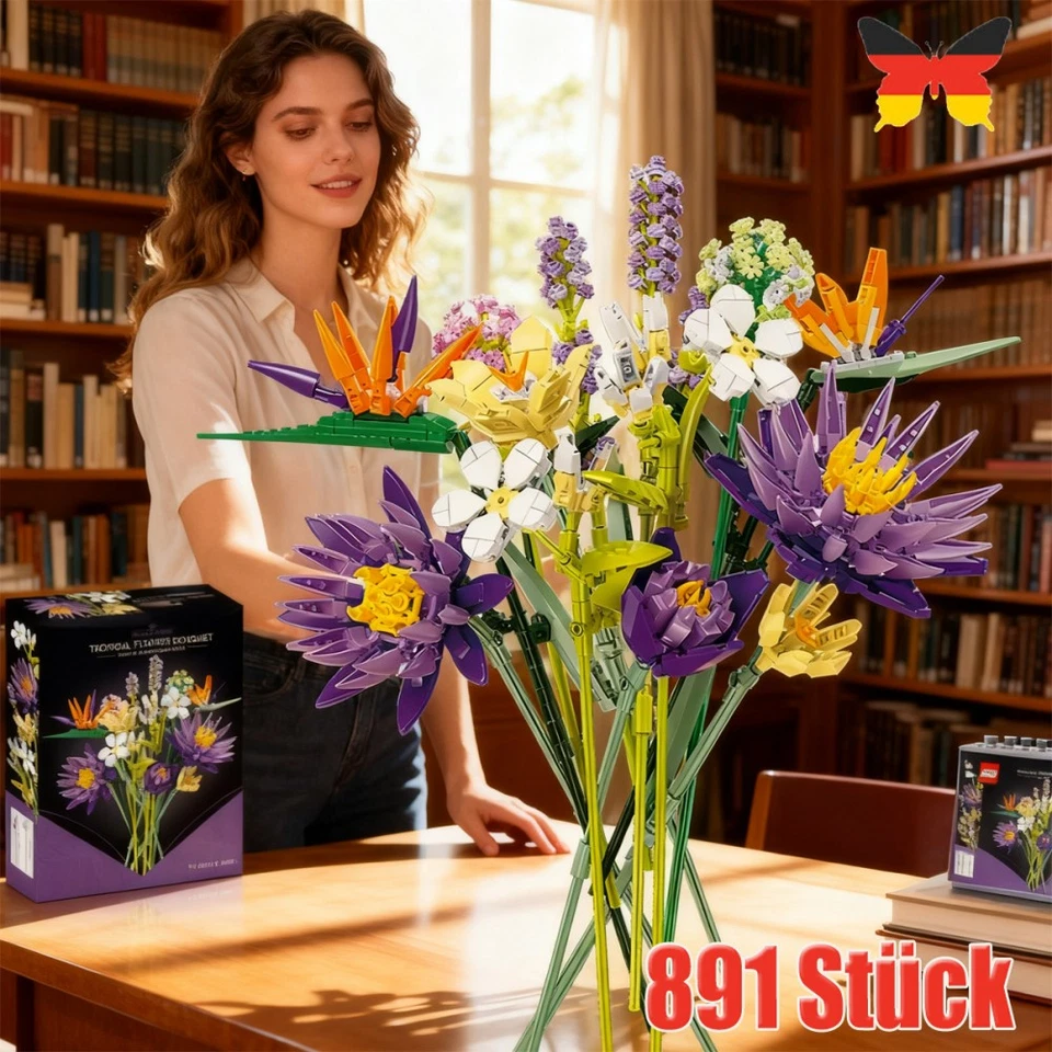 MARKENLOS 891 tlg Blumen Bauspielzeugsets Blauer Lotus Blumenstrauß Bausteine Set Geschenk