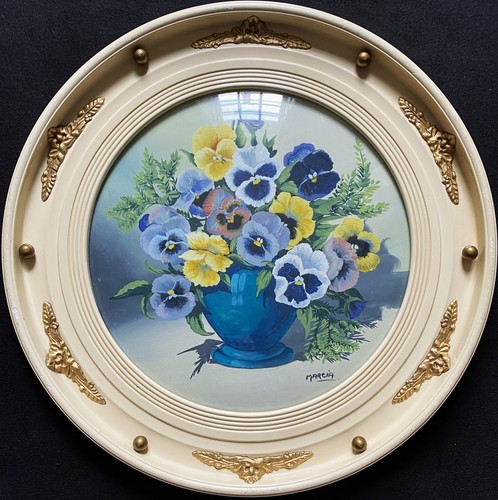 Fabulous c. 1960 Vintage Circular Framed Pansies Still Life Oil Painting (2of2)