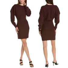 GANNI Rib Knit Asymmetrical Mini Dress Women's XL Burgundy Ruched Designer NWOT