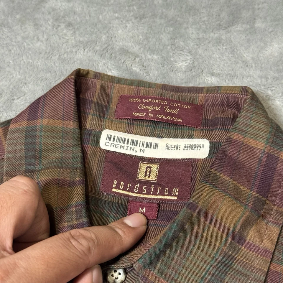 Vintage 90s Nordstrom Button Down Shirt Mens M Brown Cotton Soft Plaid - Image 4 of 4