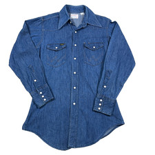 Vintage Wrangler Shirt Men Medium 15 33 Blue Denim Pearl Snap 70s 1970s USA Made