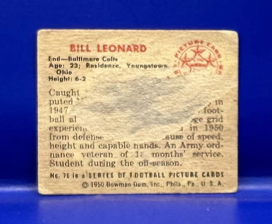 1950 BOWMAN FOOTBALL #76 BILL LEONARD, BALTIMORE COLTS Paper Loss Back - Image 2 of 2