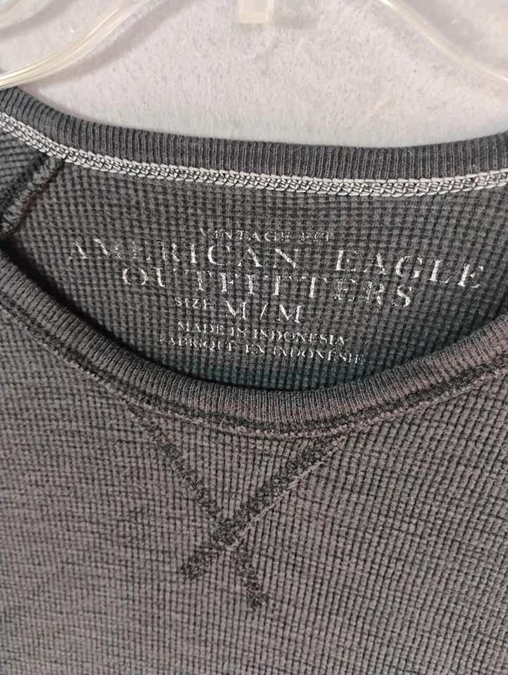 Camisa Pullover Térmico American Eagle Para Hombre Mediana Negra Calce Vintage Tejido Waffle Foto 4 de 4