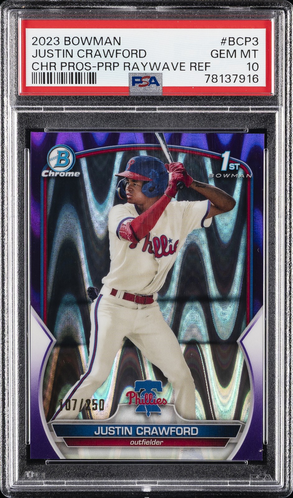 2023 BOWMAN CHROME PROSPECTS PURPLE RAYWAVE #BCP3 JUSTIN CRAWFORD 107/250 PSA 10