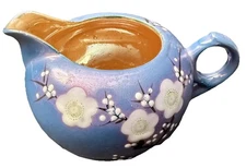 Creamer Blue Lusterware Japan White Cherry Blossom Orange Interior VTG  DARLING