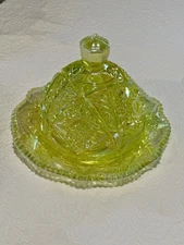 Large Mosser Vaseline Uranium CARNIVAL Glass Opalescent BUTTER DISH Cheese Dome