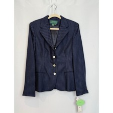NWT Lauren Ralph Lauren Navy Pinstripe Blazer Size 10 Linen Wool Made in USA