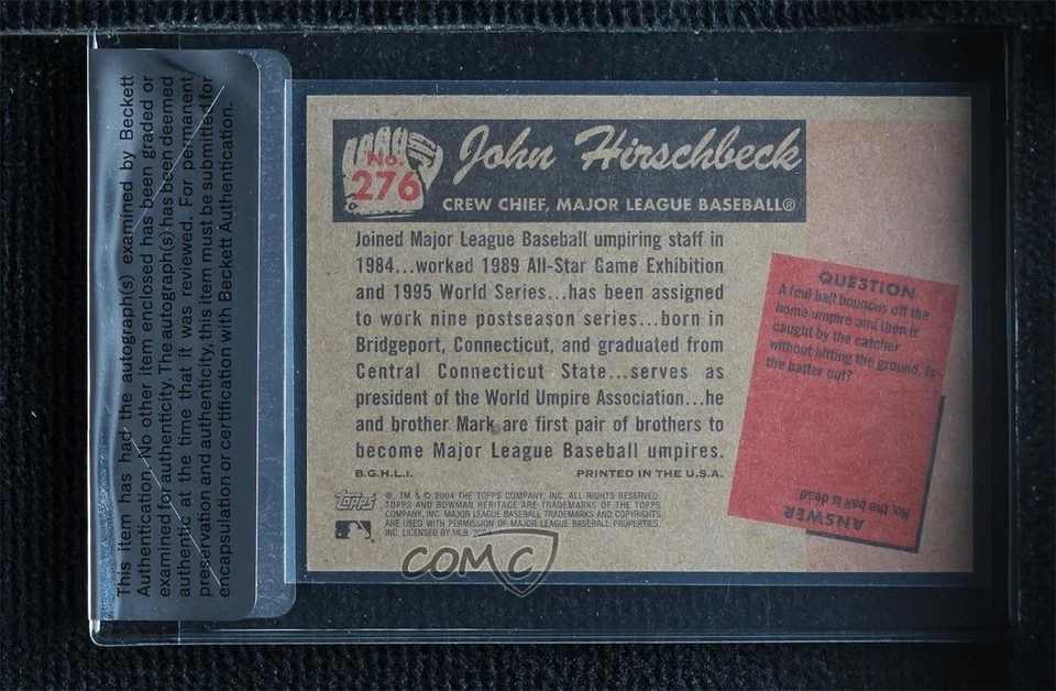 BAS 2004 Bowman Heritage John Hirschbeck #276 Seal of Authenticity Rookie RC - Image 2 of 2