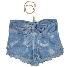 M Romwe Blue Mesh Lace Halter Top NWT Womens Size L Whimsical Y2K Paisley Sheer