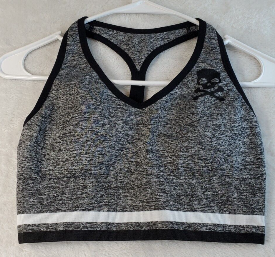 Women's Gray Skull Print Cross Back Wide Strap Sports Bra - Small - Nylon Knit-image