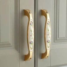 2PCS Retro Cabinet Pulls Floral Ceramic+Gold Zinc Alloy Heavy-duty Drawer Handle