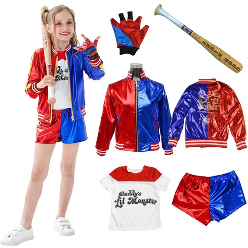 Kids Harley Quinn Costume Cosplay Halloween Jacket Shorts Outfit & Baseball Bat - Picture 3 of 17