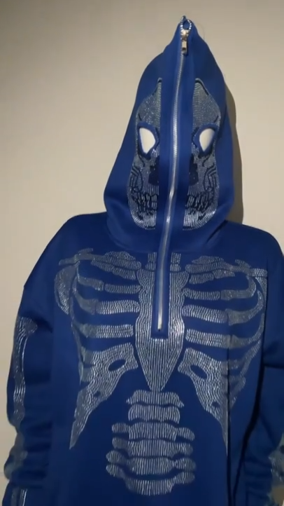 Rhinestone Skeleton Fashion Gothic Men Women Blue Hoodie