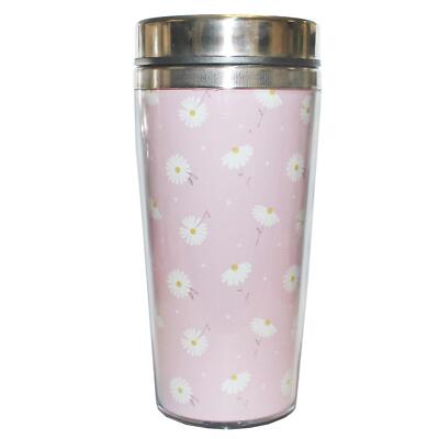 Floral Travel Mug Stainless Steel with Plastic Cover Mother's Day Pink Daisy
