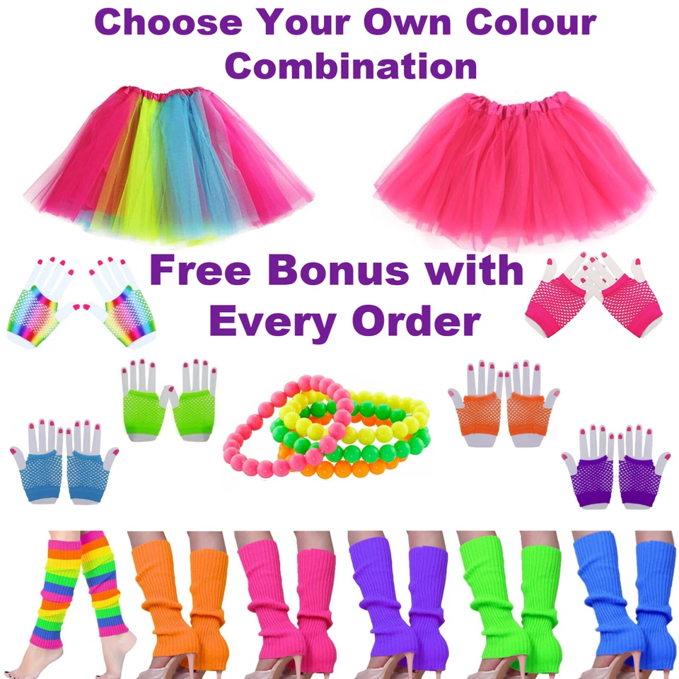 Trajes tutú años 80 disfraz disfraz de fantasía para mujer fluro años 80 calentadores de piernas guantes Foto 4 de 4