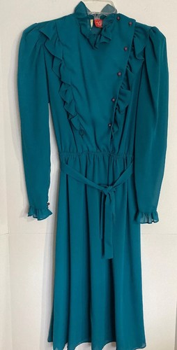 Vintage L.M Clyde LTD by Anna Marie Dress Teal Chiffon Size 9-10 Sheer Ruffles - 第 1/10 張圖片