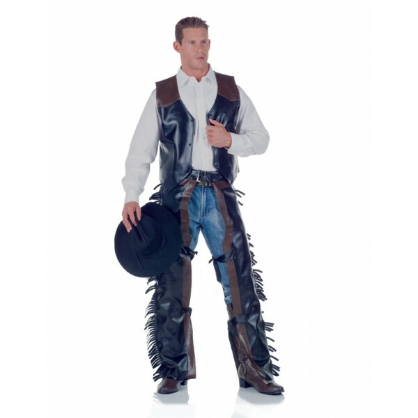 Cowboy Chaps & Vest Costume Brown/Black Vinyl Pocketed Vest & Fringe