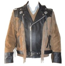 Handmade Men Cowboy Suede And Leather Jacket, Cowboy Two Tone Fringes Jackets