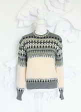 Vintage Jersild Fair Isle Sweater Pullover S Wool Ivory Gray Nordic Hipster Boho