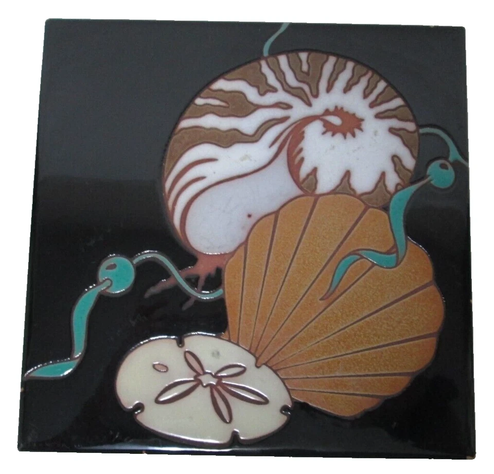 Vintage Arius Tile Co Art Pottery Tile Trivet Beach Seashells Decor Italy 8 x 8 - Image 2 of 4